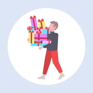 Man carrying stack of wrapped gift boxes big seasonal sale shopping concept guy Stock Illustration