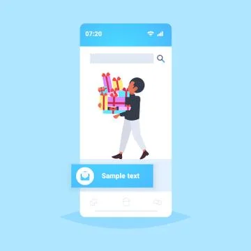 Man carrying stack of wrapped gift boxes big seasonal sale shopping concept guy Stock Illustration