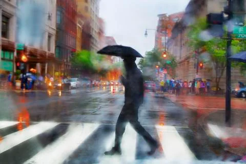 Man carrying umbrella walking across urban street at pedestrian crossing in the Stock Photos