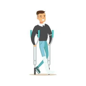 Man With The Cast Walking With Crouches Smiling, Hospital And Healthcare Stock Illustration