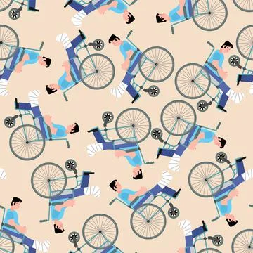 Man in cast on wheelchair pattern seamless. Leg fracture Disabled carriage ba Stock Illustration