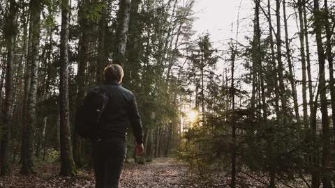 A man in casual clothes with a backpack walks along a path in the forest. Stock Footage 142297630