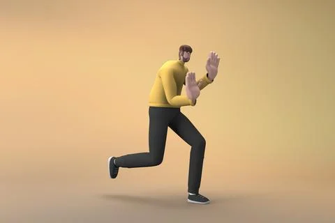 Man in casual clothes making gestures while pushing or pulling. 3D renderin.. 库存插图