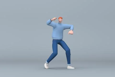 Man in casual clothes making gestures while exercise. 3D rendering of a car.. Stock Illustration