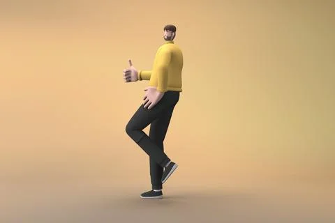 Man in casual clothes making gestures while talking. 3D rendering of a cart.. 스톡 일러스트