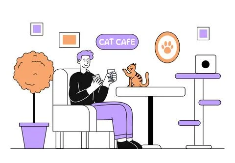Man in cat cafe vector linear Stock Illustration