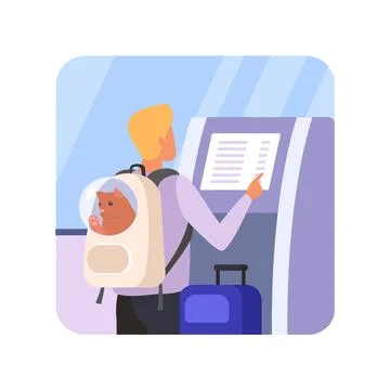 Man with cat in transparent backpack buying air plane tickets at self service Stock Illustration