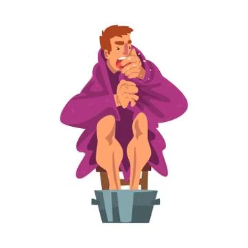 Man Catch Cold, Sick Coughing Guy Sitting under Cozy Plaid Heating his Feet in Stock Illustration