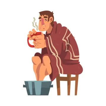 Man Catch Cold, Sick Guy with Mug in his Hands Heating his Feet in Basin with Stock Illustration