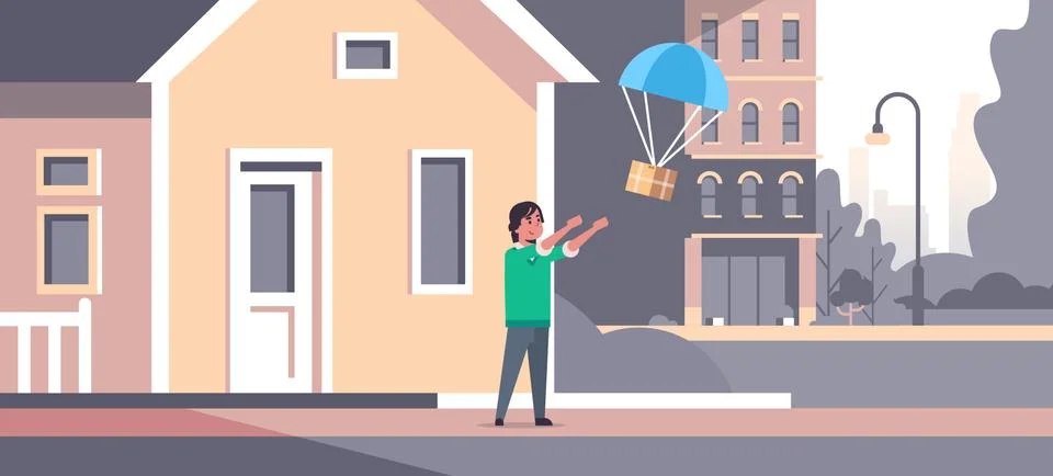 Man catching parcel box falling down with parachute from sky transportation Stock Illustration
