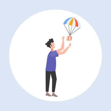 Man catching parcel box falling down with parachute from sky transportation Stock Illustration