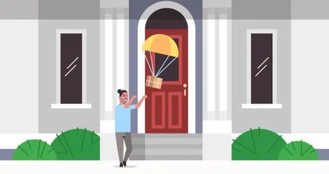 Man catching parcel box falling down with parachute from sky transportation Stock Illustration