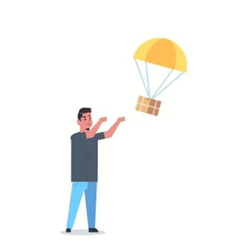 Man catching parcel box falling down with parachute from sky transportation Stock Illustration