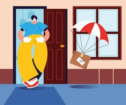 Man catching parcel box falling down with parachute from sky Illustrazione stock