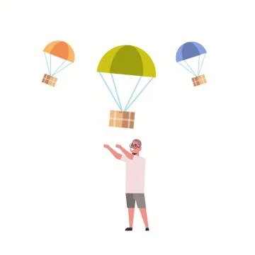 Man catching parcel boxes falling down with parachute from sky transportation Stock Illustration