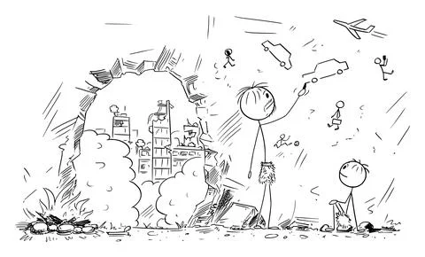 Man in Cave After Human Civilization Collapse Drawing Cars on the rock, Vector Ilustração Stock