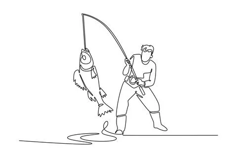 Man celebrating successful catch, pulling fish out of the water Illustrazione stock