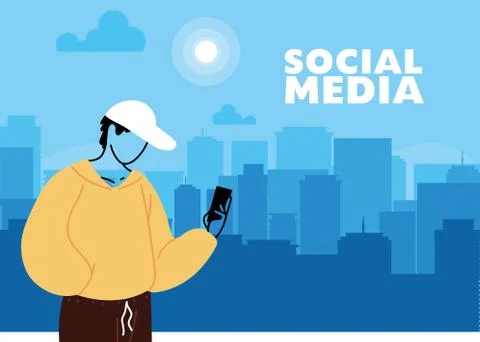 Man with cell phone in hand checking social networks Stock Illustration