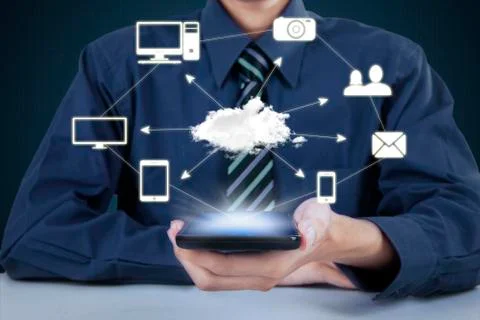 Man with cellphone and Cloud Computing diagram Stock Photos