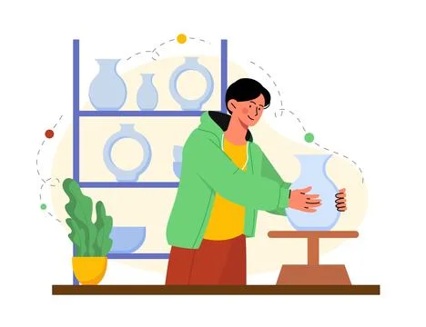 Man with ceramic potter. Man in studio and workshop with vase. Creativity and Stock Illustration
