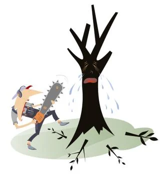 Man with chainsaw and crying tree illustration Stock Illustration