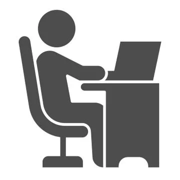 Man in chair at table with laptop solid icon, Coworking concept, freelancer Stock Illustration