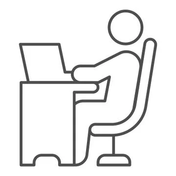 Man in chair at table with laptop thin line icon, Coworking concept, freelancer Stock Illustration