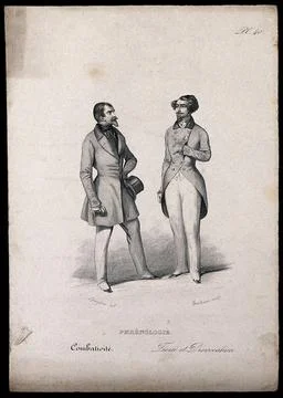A man challenges another; exhibiting boldness, classed phrenologically unde.. Stock-Illustration