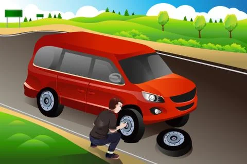 Man changing flat tire Illustrazione stock