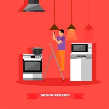 Man changing lamp bulb in kitchen vector illustration. Do it yourself home Stock Illustration