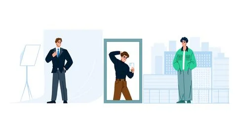 Man changing style and posing for images Stock Illustration