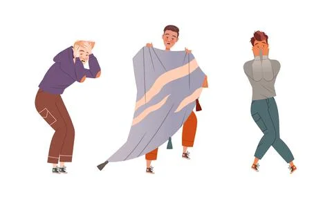 Man Character Afraid of Something Feeling Scared and Terrified Covering with Illustrazione stock