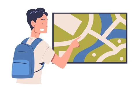 Man Character with Backpack Using Information Board with Interactive Interface Stock Illustration