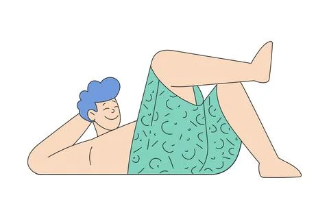 Man Character at Beach Sunbathing Lying on the Ground in Swimming Trunks Vector Illustrazione stock
