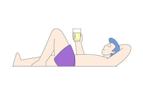 Man Character at Beach Sunbathing Lying with Refreshing Drink Vector Stock Illustration