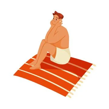 Man Character on Beach Sunbathing Sitting on Blanket Vector Illustration Stock Illustration
