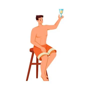 Man Character on Beach Sunbathing Sitting on Chair Drink Refreshing Cocktail Stock Illustration