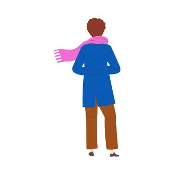 Man Character in Blue Coat and Scarf Standing Back View Vector Illustration Stock Illustration