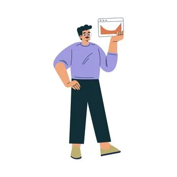 Man Character with Chart Window as Productive Team Member Vector Illustration Illustrazione stock