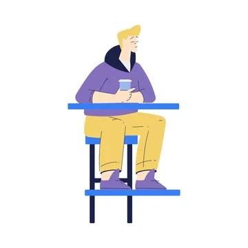 Man Character with Coffee Cup Sitting on Chair in Cafe Enjoying Drink Vector Stock Illustration