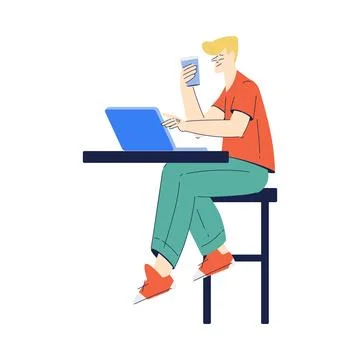 Man Character with Coffee Cup Sitting on Chair in Cafe with Laptop Enjoying Stock Illustration