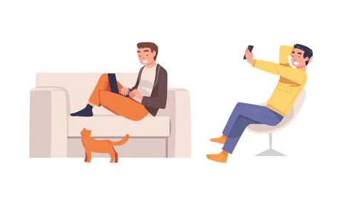 Man Character with Digital Device Sitting on Sofa and Chair Suffering from Stock Illustration