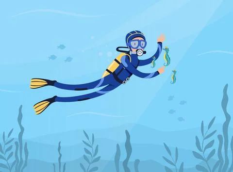 Man Character in Diving Suit and Goggles Swimming Underwater Vector Illustration Stock Illustration