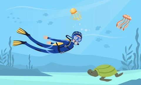 Man Character in Diving Suit and Goggles Swimming Underwater Vector Illustration Stock Illustration