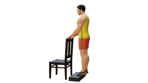 Man Character doing Calf Raise from Deficit with Chair Supported Stock Footage 281384953