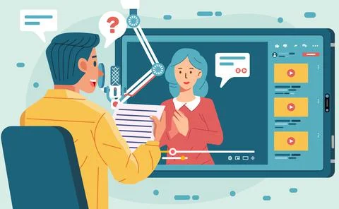 Man character doing online interview podcast through video call in tablet wit Stock-Illustration