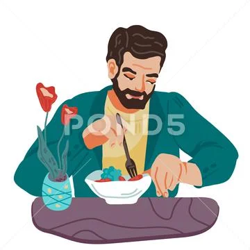 Man character eating healthy vegetables salad flat vector illustration isolated. Stock Illustration