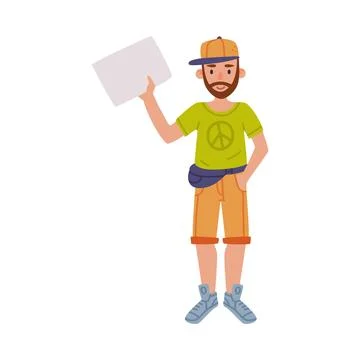 Man Character with Empty Placard and Banner Vector Illustration Stock Illustration