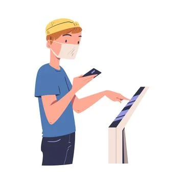 Man Character in Face Mask Using Information Board with Interactive Interface Stock Illustration