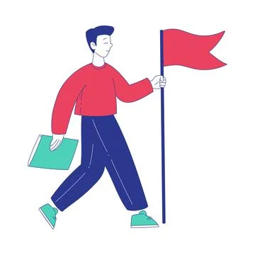 Man Character with Flag Moving Forward Achieving Goal Vector Illustration Stock Illustration